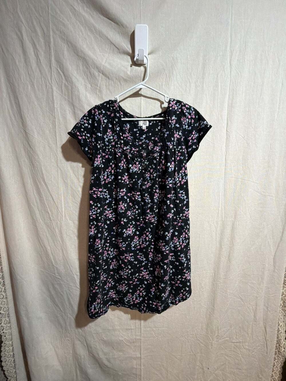 Aria Collection Black Floral 100% Cotton Short Sleeve Nightgown Size L